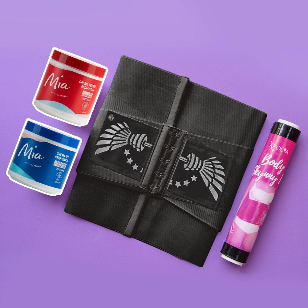 FAJA RELOJ DE ARENA 🖤 COLOR NEGRO + CREMA GEL CRIOGÉNICA MIA + CREMA TERMO MIA + FILM OSMÓTICO YODADO